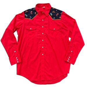 Malco Modes Mens Red Western Cowboy Shirt Rodeo Motif Size 18‎ 36